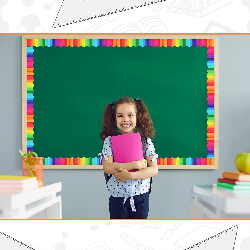 Geyee 84 Pieces 83 Feet Classroom Bulletin Board Borders Scalloped Rainbow Bulletin Board Trim Adhesive Decorations Colorful for Chalkboard, 6 Designs(Classic Style) - Image 3